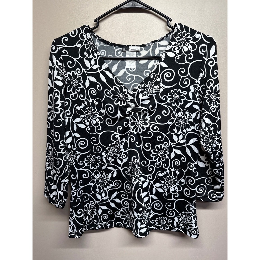 KC Stevens Black White Floral 3/4 Sleeve V Neck Top Womens Size‎ Small